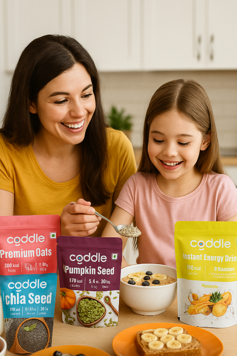 Woman and child in a kitchen with caddle brand products on a table.